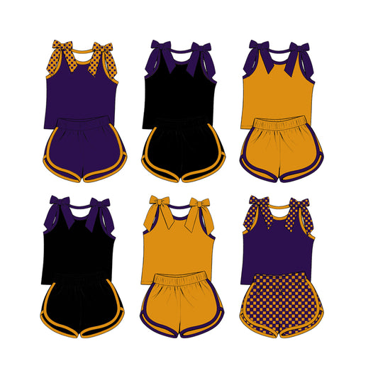 custom moq 5 mix size Baby Girls Purple Bow Sleeveless Yellow Top Shorts Summer Casual Clothes Set