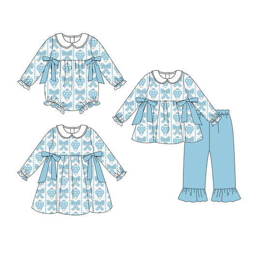 25.8.27 custom each style moq 5eta 4-6week Sibling Sisters pumpkin bow blue baby girl long sleeve pants sets and dress and rompers match family design