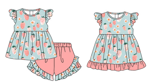 25.11.17 custom each style moq 5 eta 6-8week Sibling Sister strawberry floral baby girl short sleeve shorts sets and dress match design