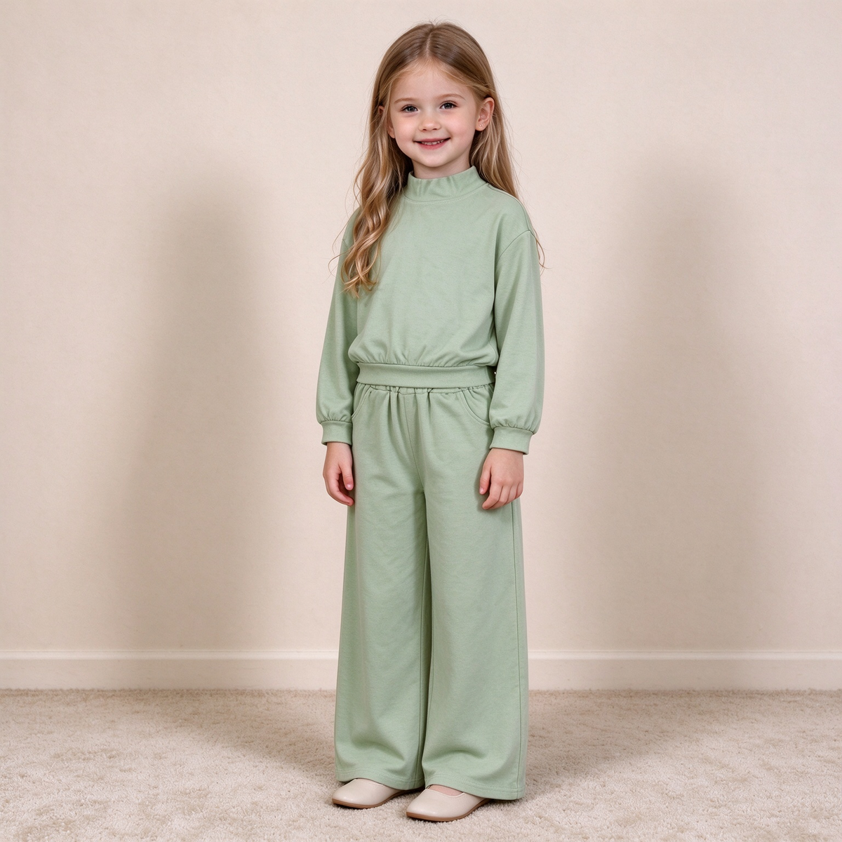 NEW RTS NO MOQ cotton GLP3474 High Neck Baby Girls Light Green Pocket Long Sleeve Top Flare Pants Sleepwear Set
