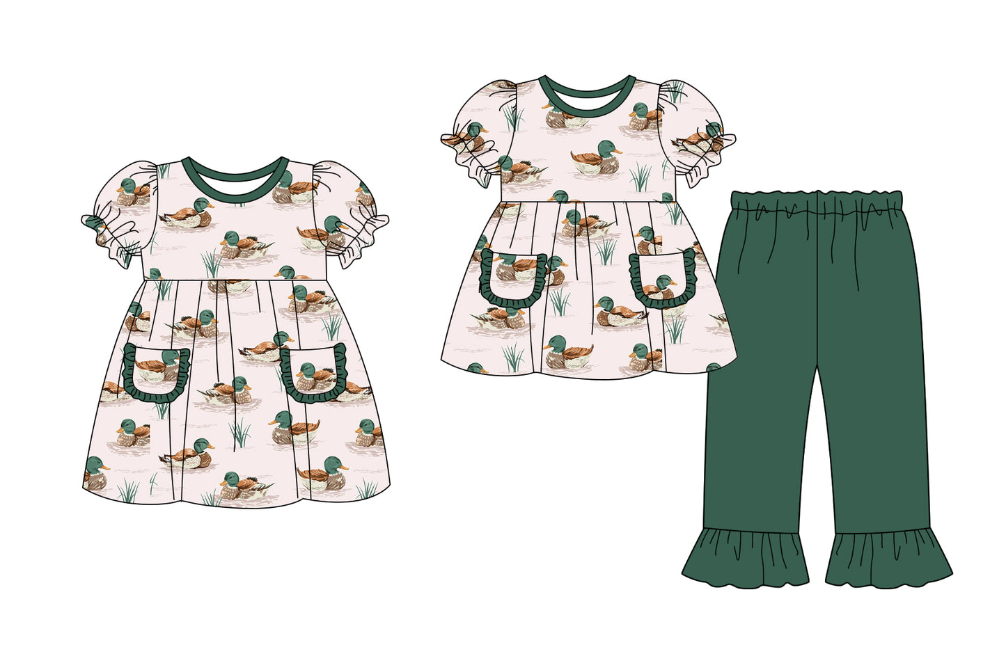 25.9.10 custom each style moq 5eta 4-6week Sibling Sisters duck green baby girl long sleeve pants sets and dress match family design
