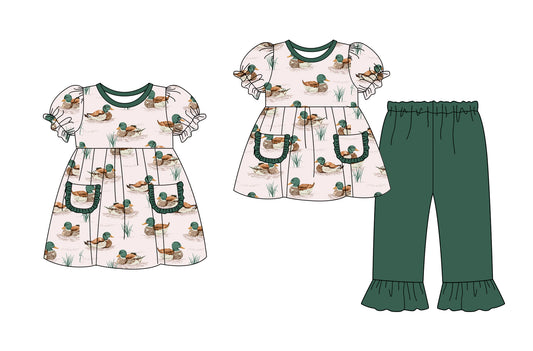 25.9.10 custom each style moq 5eta 4-6week Sibling Sisters duck green baby girl long sleeve pants sets and dress match family design