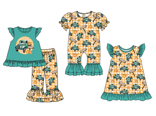 25.5.19 custom each style moq 5eta 4-6week Sibling Sisters pumpkin cars baby girl short sleeve pants sets and dress and rompers match family design