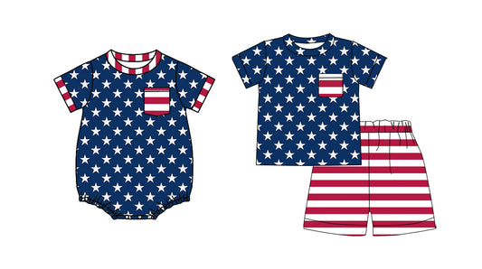 2.26  Custom moq 5 mix size Sibling 4th of July Navy Blue Baby Boys Romper Short-Sleeved Top And Shorts Set for Infants