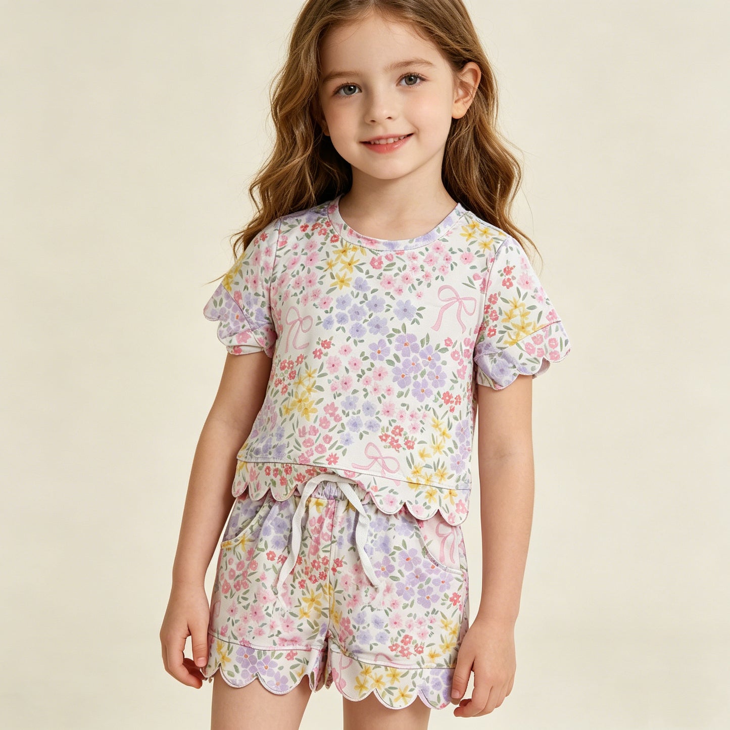 RTS NO MOQ GSSO3270 Toddler Girls Sweet Colorful Flowers Bow Top Pocket Scallop Shorts Outfit