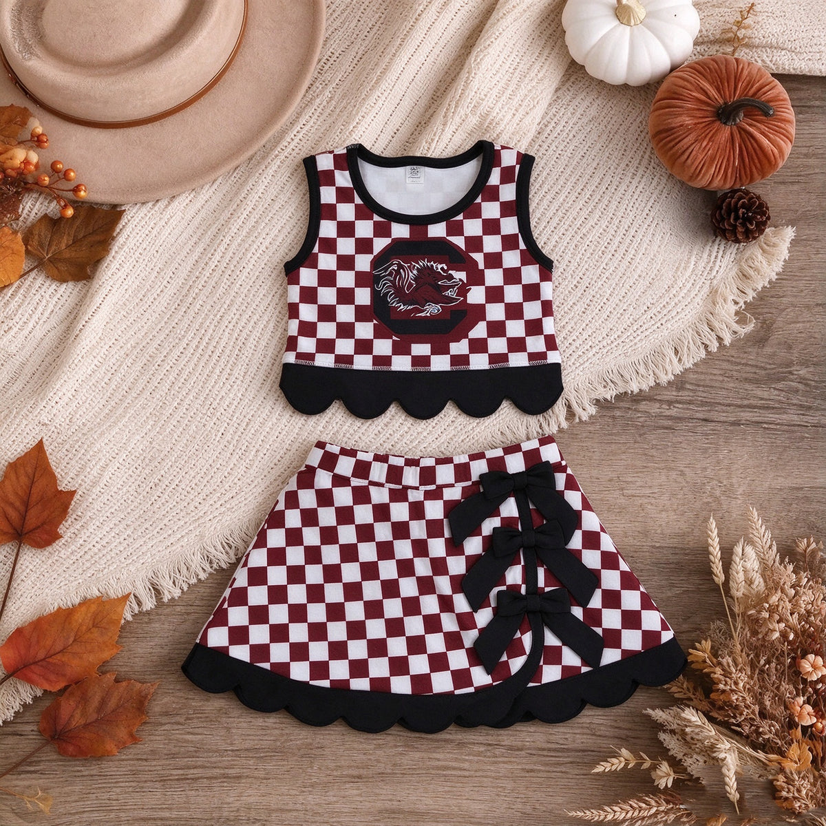NEW RTS NO MOQq yoga fabric GSD4288 Yoga Baby Girls Maroon Checked Top Bows Skirt Short Scallop Team Set