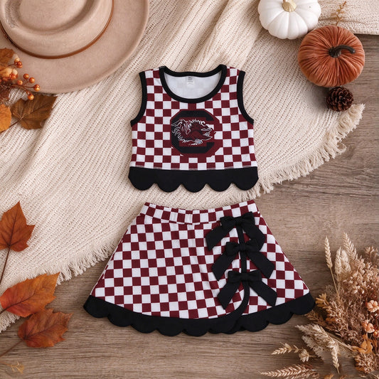 NEW RTS NO MOQq yoga fabric GSD4288 Yoga Baby Girls Maroon Checked Top Bows Skirt Short Scallop Team Set