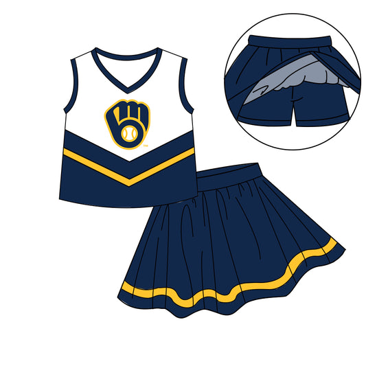 Custom moq 5 mix size milk silk eta 6-8weeks summer teams naby blue baby girls clothes team sleeveless skirts shorts sets-25.7.8