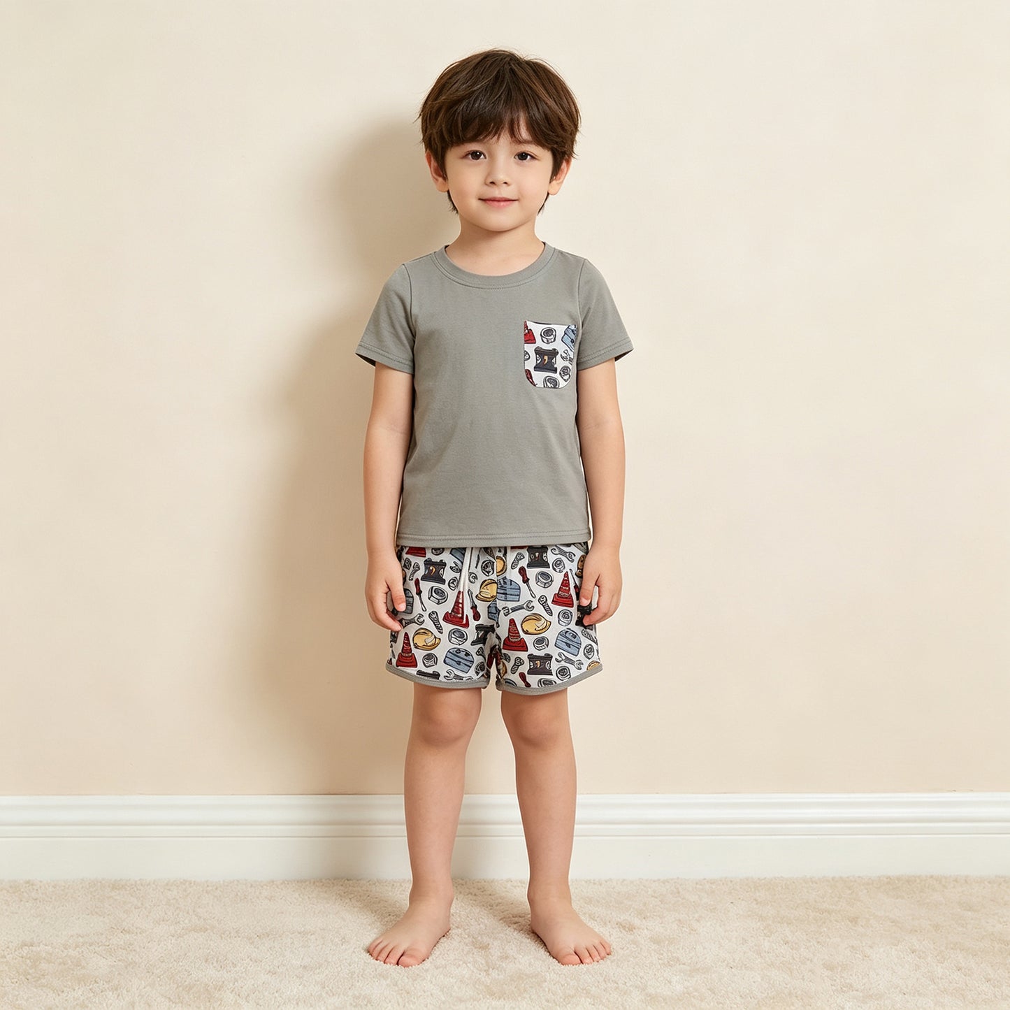 NEW RTS NO MOQ milk silk BSSO2005 Baby Boys Mechanic Tools Crew Neck Pocket Tee Elastic Waist Shorts Set
