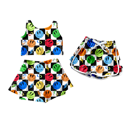 4.19 custom each style moq 5eta 4-6week Sibling Sister smiley baby girls clothes Short sleeve yoga dress and shorts match family design