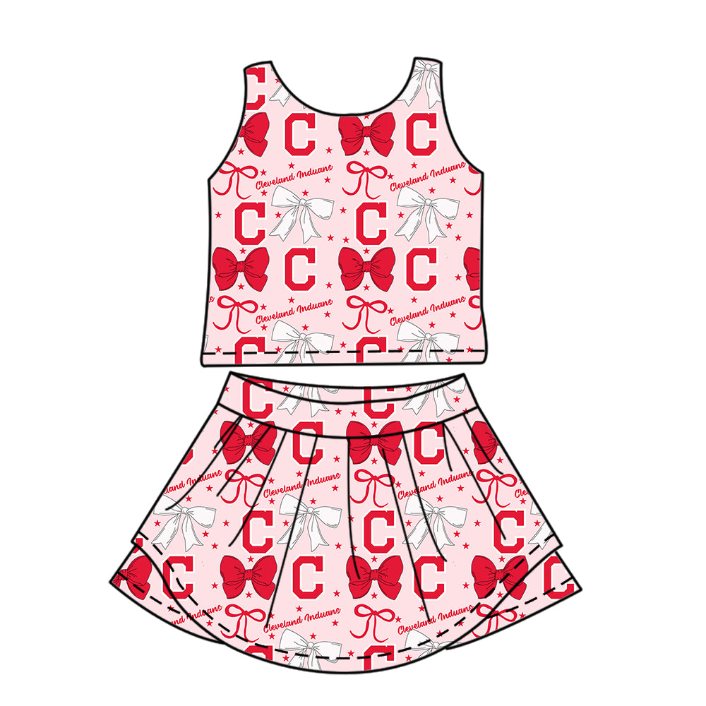 Custom moq 5 mix size milk silk summer teams baby girls clothes team bow red sleeveless skirts sets and dress 1 and dress 2 and top-25.6.20