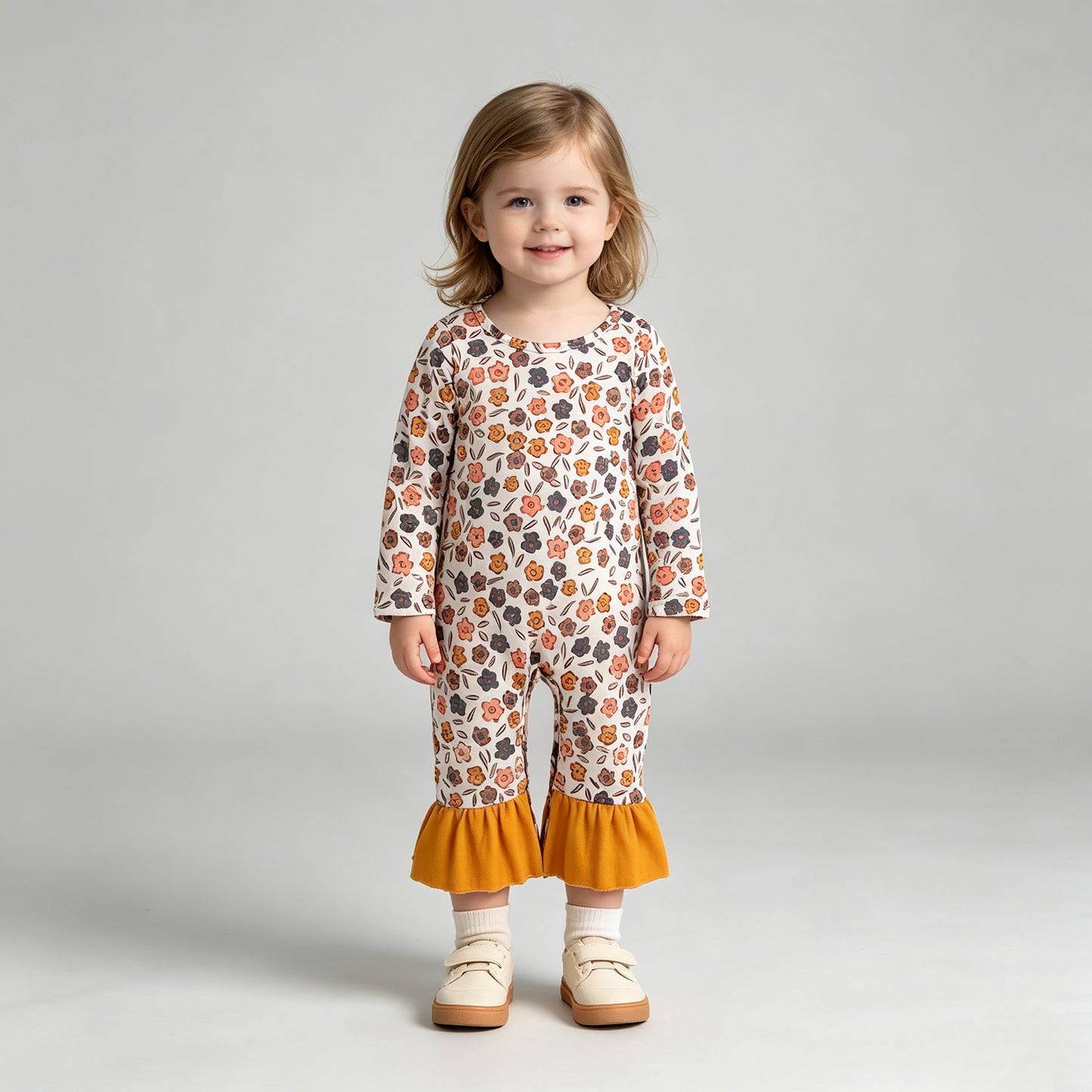 NEW RTS NO MOQ milk silk  LR3024 Baby Girls Colorful Flowers Cute Long Sleeve Ruffle Rompers