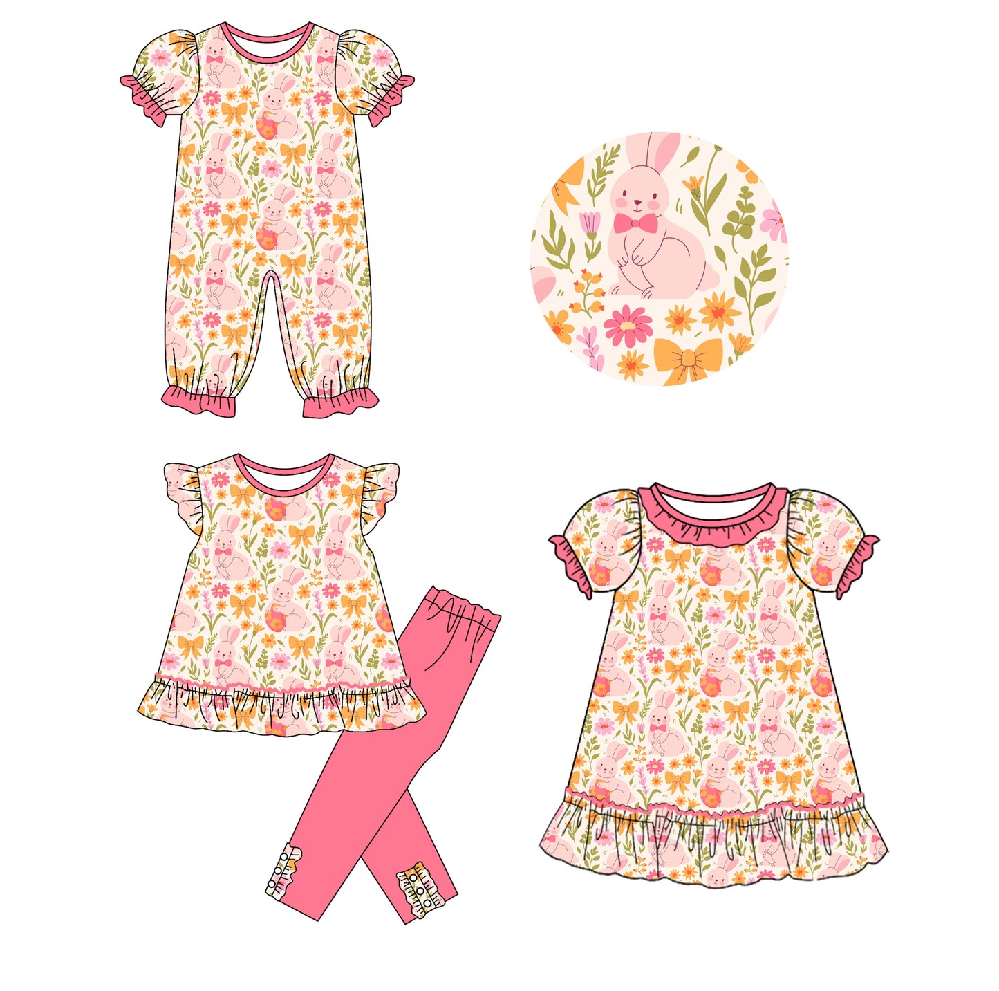 25.9.23 custom each style moq 8 eta 6-8week Sibling Sisters bunny floral baby girl short sleeve pants sets and dress and rompers match family design