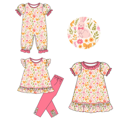 25.9.23 custom each style moq 8 eta 6-8week Sibling Sisters bunny floral baby girl short sleeve pants sets and dress and rompers match family design