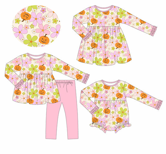 25.6.9 custom each style moq 5eta 4-6week Sibling Sisters pumpkin floral baby girl long sleeve pants sets and dress and rompers match family design