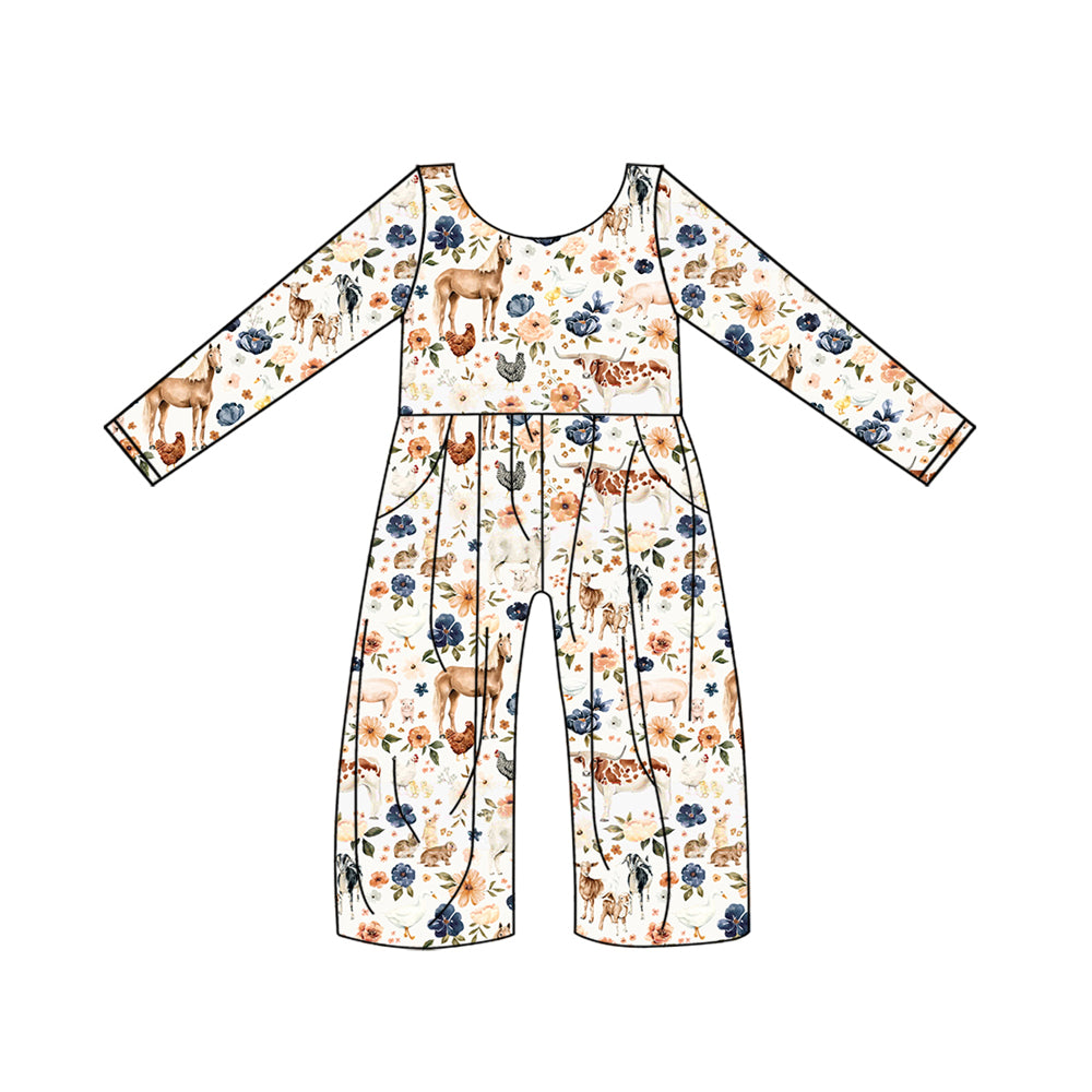 5.21custom each style moq 5eta 4-5week Sibling Sister Country style cow piglet chicken flower print blue and white plaid stripe pocket girls outfits and baby romper and dress match family design