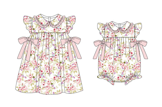 25.11.6 custom each style moq 5 eta 6-8week Sibling Sister floral baby short sleeve romper and dress match design