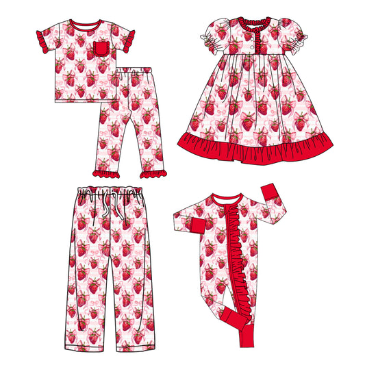 25.9.24 custom each style moq 8 eta 6-8week Sibling Sister strawberry bow baby short sleeve pants sets and romper and dress and adult pants match design