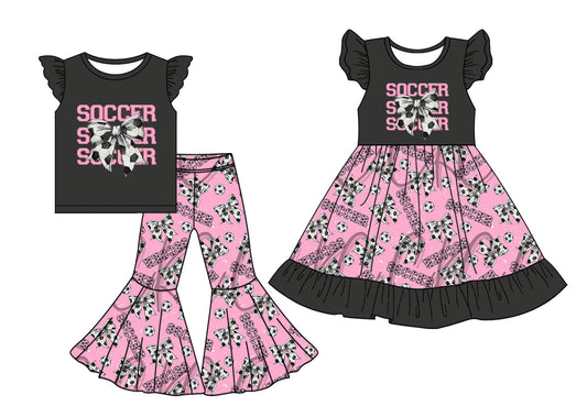 5.2 custom each style moq 5eta 4-6week Sibling Sister SOCCER bow baby girl pants sets and dress match family design