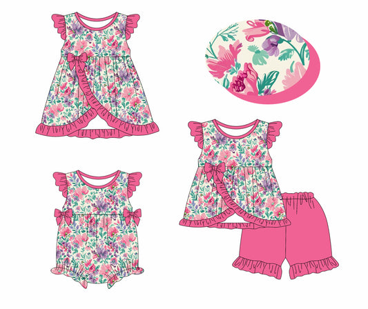 3.27 custom each style moq 5eta 4-6week Sibling Sisters floral baby girl short sleeve shorts sets and dress and rompers match family design