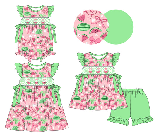 25.11.13 custom each style moq 5 eta 6-8week Sibling Sister watermelon baby short sleeve shorts sets and romper and dress match design