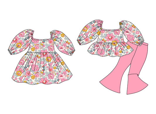 25.12.10 custom each style moq 5 eta 6-8week Sibling Siste floral baby short sleeve pants sets and dress match design
