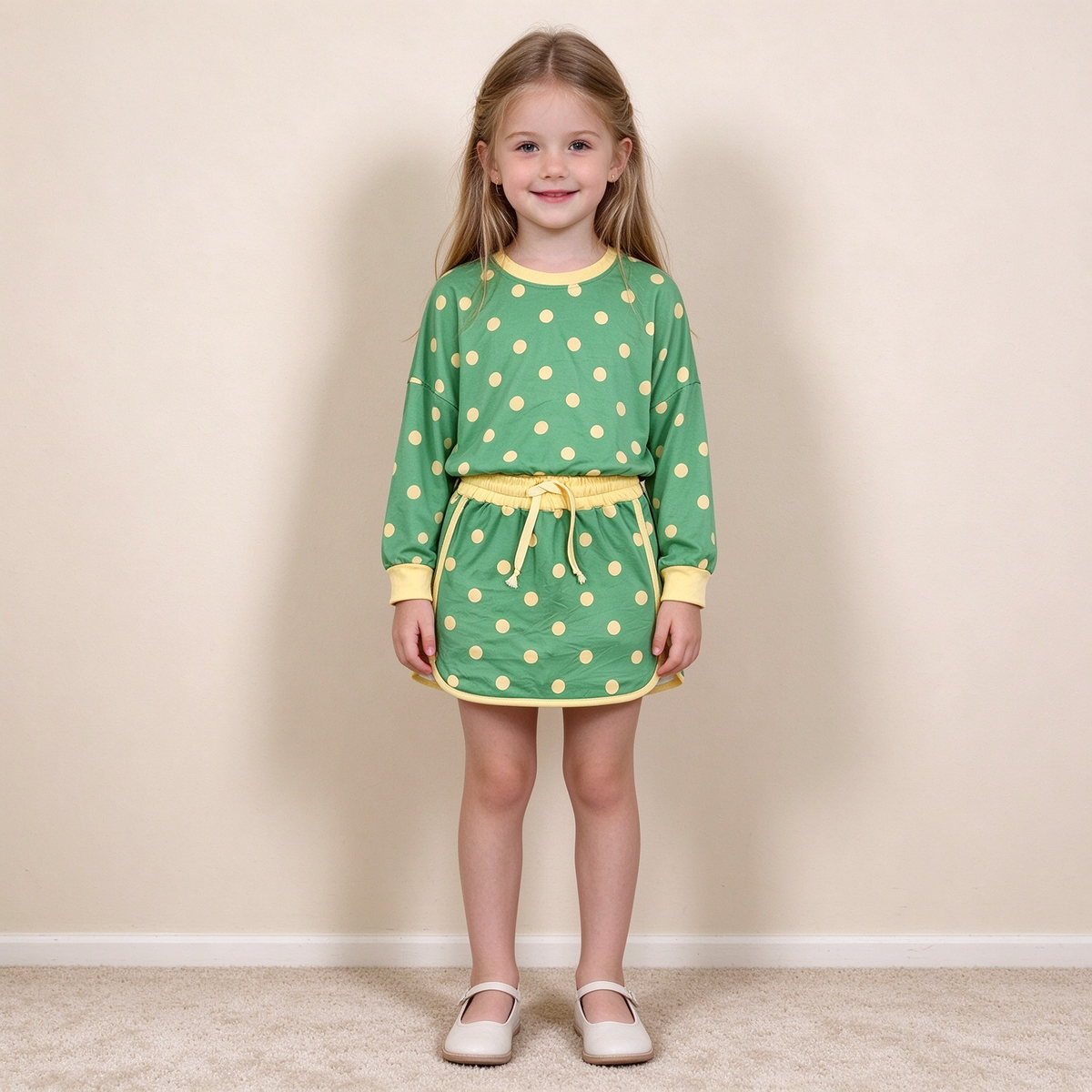 NEW RTS NO MOQ milk silk GLD1764 Baby Girls Green Polka Dot Long Sleeve Top And Drawstring Skort Set