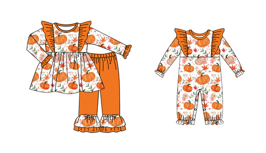 25.6.3 custom each style moq 5eta 4-6week Sibling Sisters pumpkin floral orange baby girl long sleeve pants sets and rompers match family design