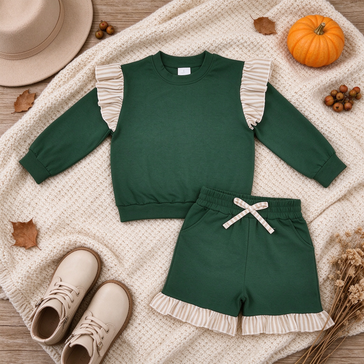 NEW RTS NO MOQ cotton GLS0218（GT1845+SS0998）Baby Girls Green  Stripe Flutter Sleeve Top Pockets Ruffle Short Set