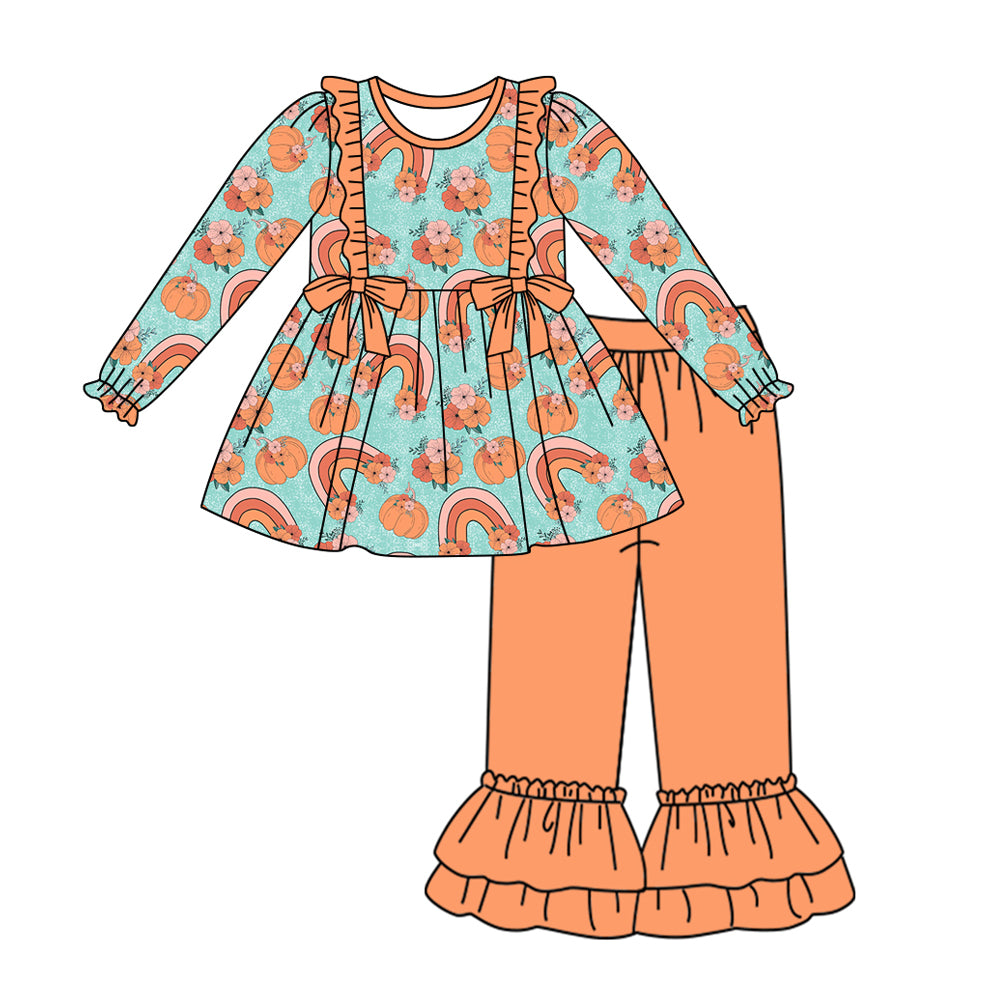6.6 custom each style moq 5eta 4-6week Sibling Sister pumpkin floral baby girls sets and dress and baby romper match family design