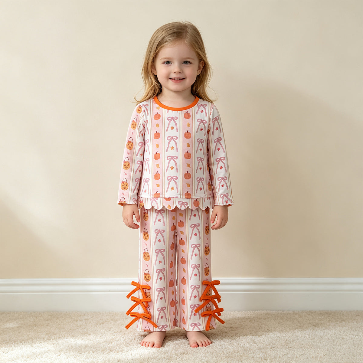 NEW RTS NO MOQ milk silk GLP3436 Baby Girls Bows Pumpkins Stripe Scallop Top Bows Pants Fall Holiday Clothes Set