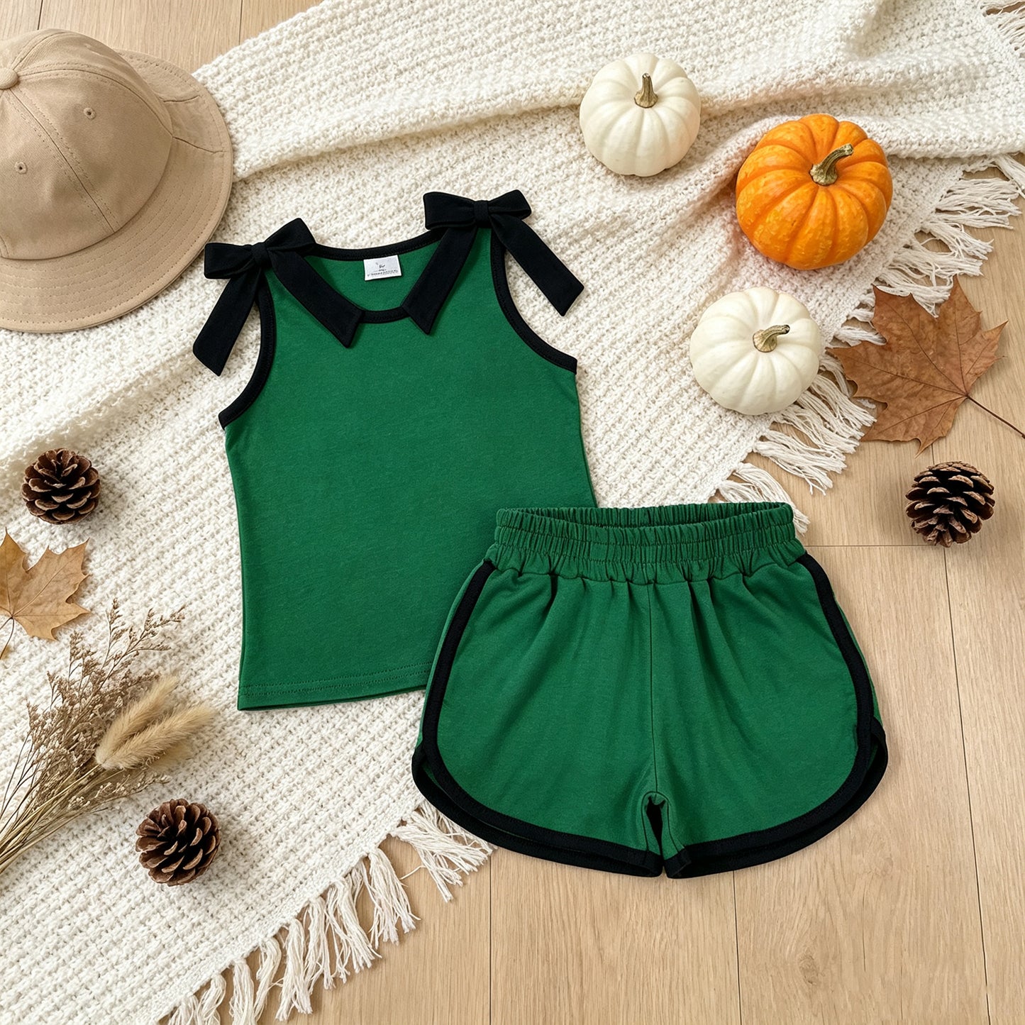 NEW RTS NO MOQ cotton GSSO3825 Baby Girls Black Green Bow Print Sleeveless Top Shorts Summer Set