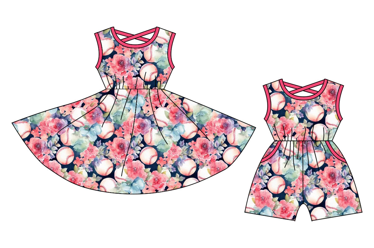 12.20 custom each style moq 5eta 4-6week Sibling Sister floral baseball baby girl short sleeve shorts dress and jumpsuit match design