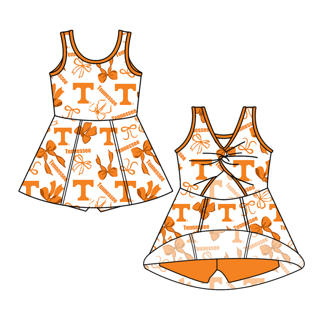 Custom moq 5 mix size milk silk summer teams Baby Girls Orange Bow Vest Top Skirt Shorts Sets Sleeveless Yoga Knee Length Dresses Yoga Shorts