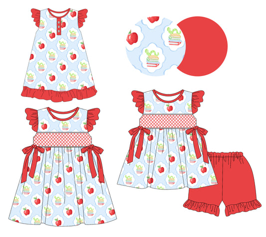 3.11 custom each style moq 5eta 4-6week Sibling Sisters apple baby girl short sleeve shorts sets and dress and rompers match family design
