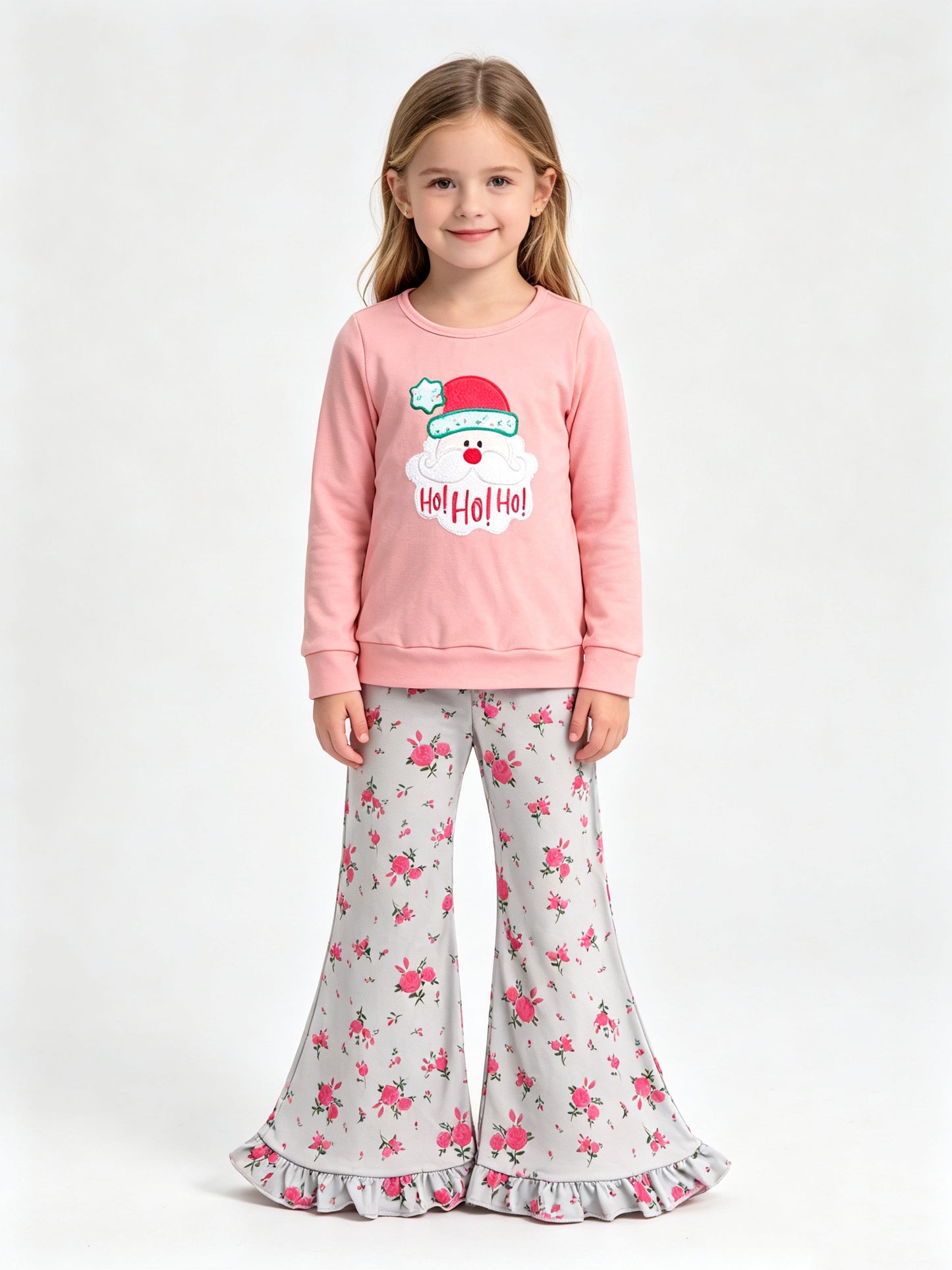 (Sample) No moq milk silk GLP3596 Embroidery Hat Santa Flowers Baby Girls Top Flare Pant Christmas Clothes Sets Casual Outfit