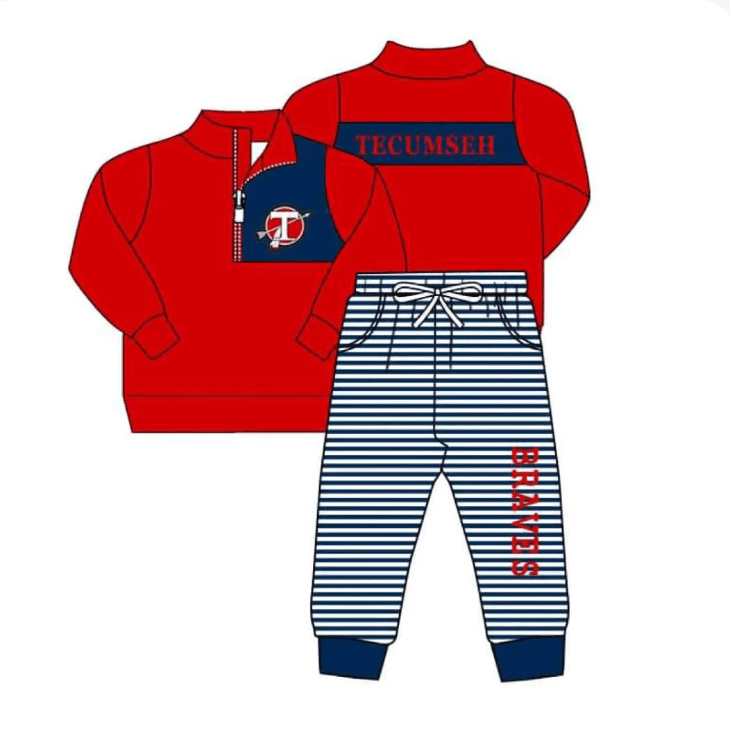 Custom moq 3 eta 6-8weeks "Letter T" Red Zipper Pullover Top-Navy Blue Striped Pants Set