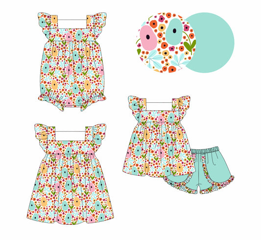 4.4 custom each style moq 5eta 4-6week Sibling Sisters floral baby girl short sleeve shorts sets and dress and rompers match family design