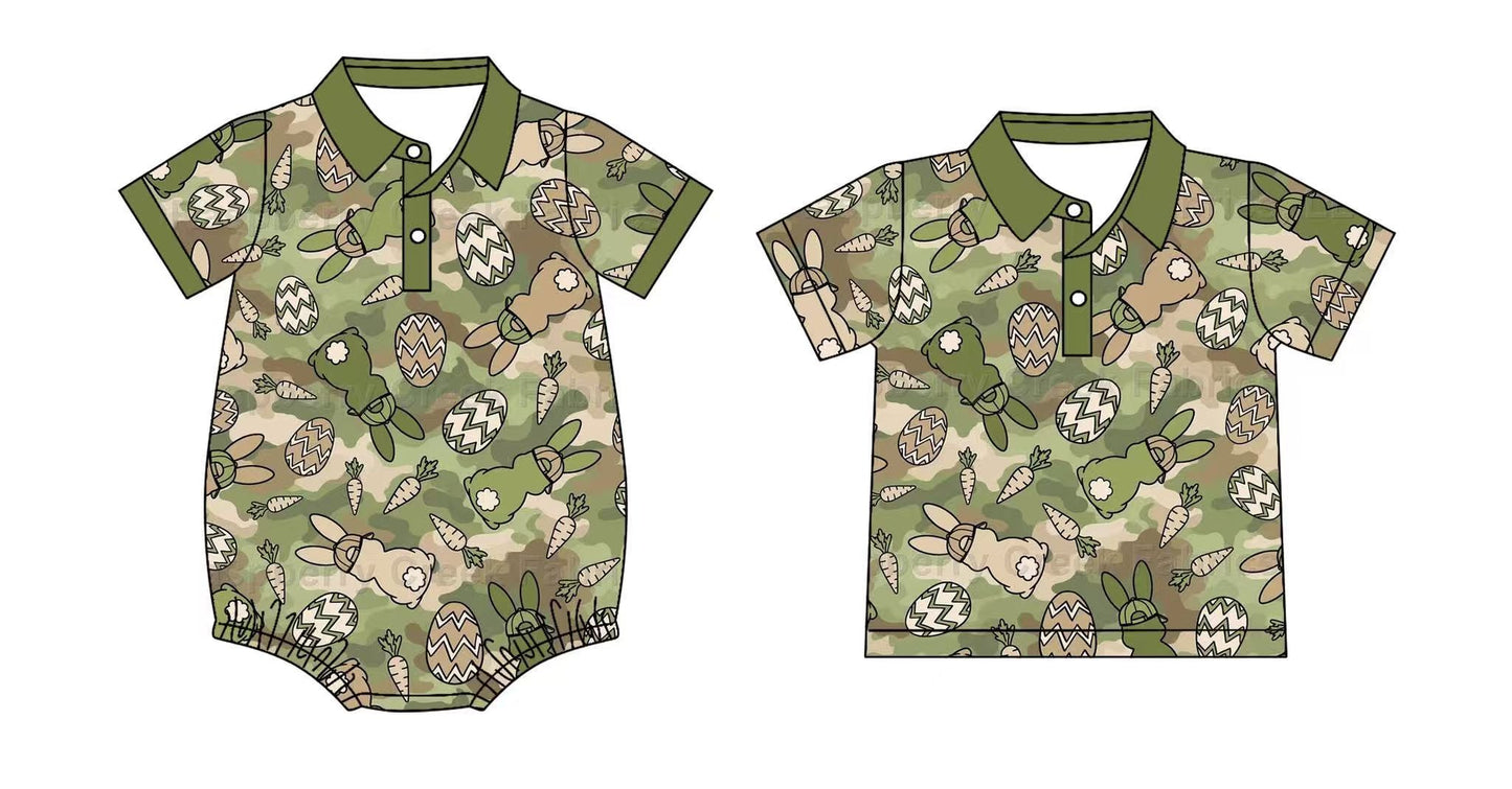 (Preorder new) No moq Baby Boys Green Camo Rabbits Eggs Easter Button Polos For Kids Shirts Top Spring Holiday Short Sleeve Casual Shirts Button Rompers