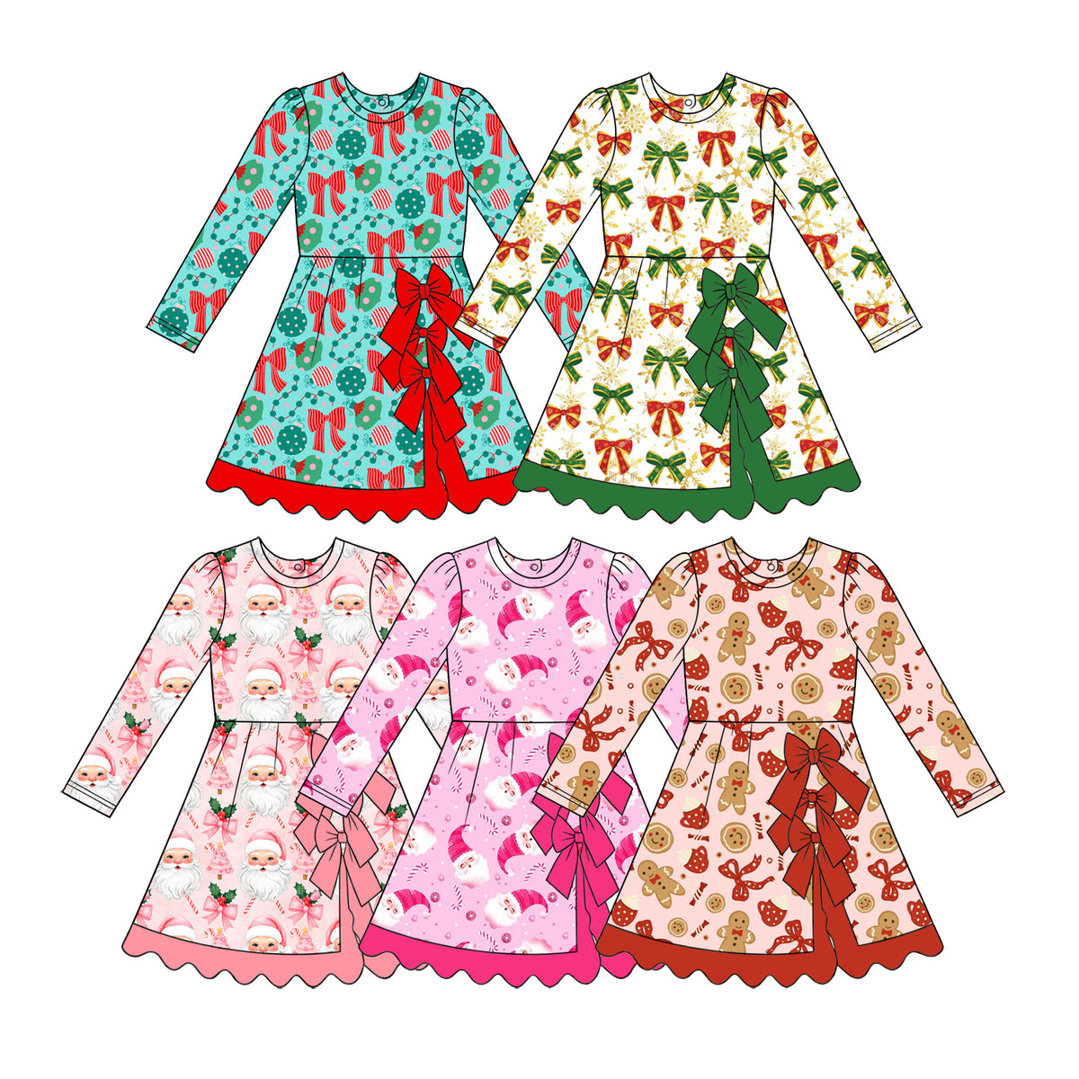(Preorder new) No moq Baby Girls Bow Christmas Santa Gingerbread Print Long Sleeve Kids Dress