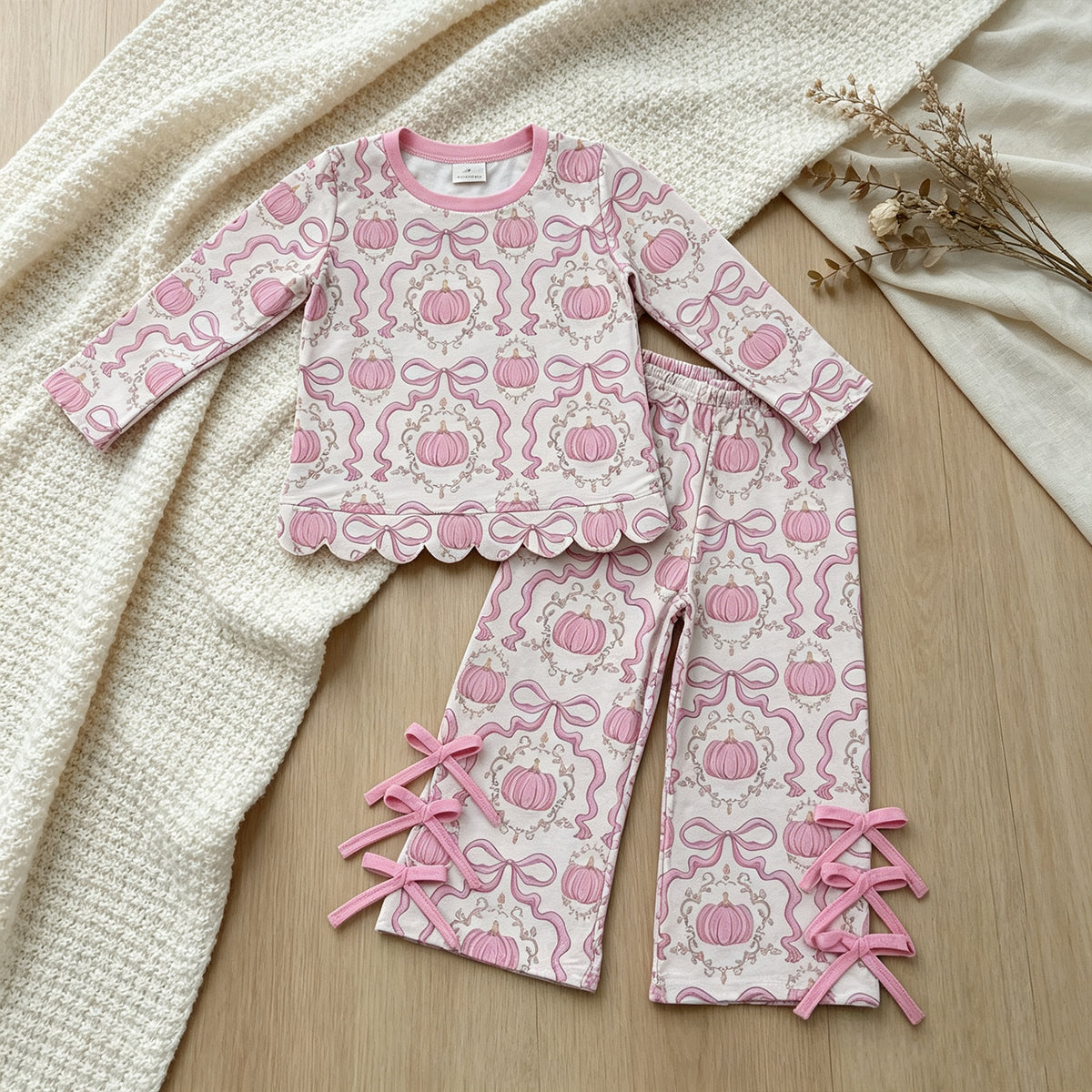 NEW RTS NO MOQ milk silk GLP3437 Baby Girls Bows Pumpkins Checked Scallop Top Bows Pants Set