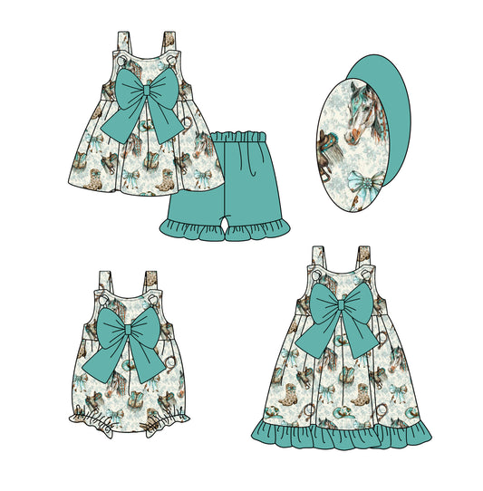 2.11 custom each style moq 5eta 4-6week Sibling Sisters boot bow baby girl short sleeve shorts sets and dress and rompers match family design