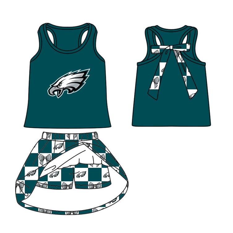 Custom moq 5 mix size milk silk summer teams Green Checked Baby Girl Sleeveless Top Skirt Short Set Dress And Shorts Yoga Outfit Boy's Top Shorts Set Romper