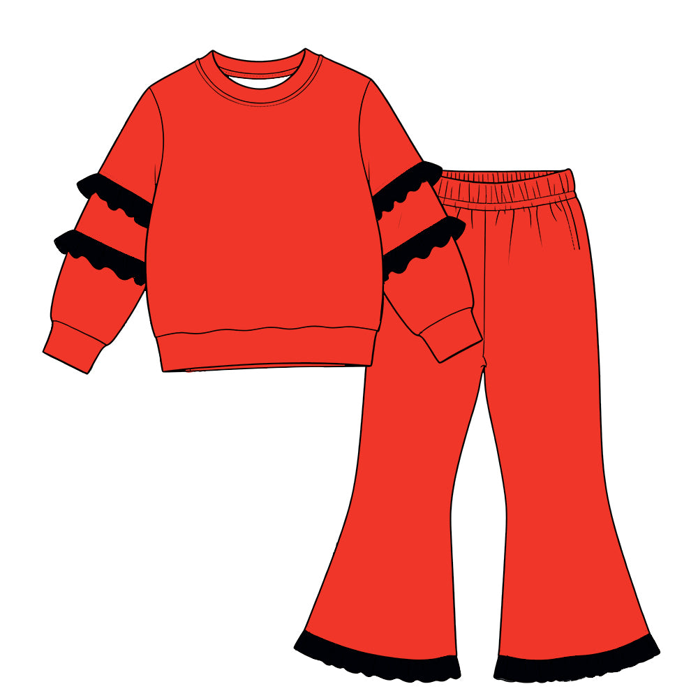 custom moq 5 cotton girls ruffle sets Baby girl's outfit: black ruffled red long-sleeve top with ruffled bell-bottom pants.