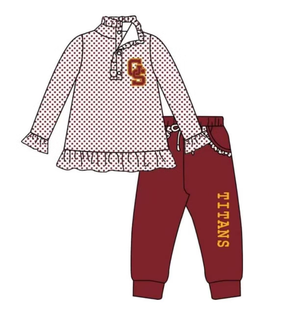 Custom moq 3 eta 6-8weeks "GS" bordeaux polka dot light red pleated lace button pullover top - bordeaux trousers set