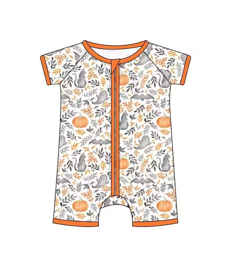 5.9custom each style moq 5eta 4-5week Sibling Sister Halloween Pumpkin Leaf Ghost prints orange girls and boys outfits and baby rompers match family design