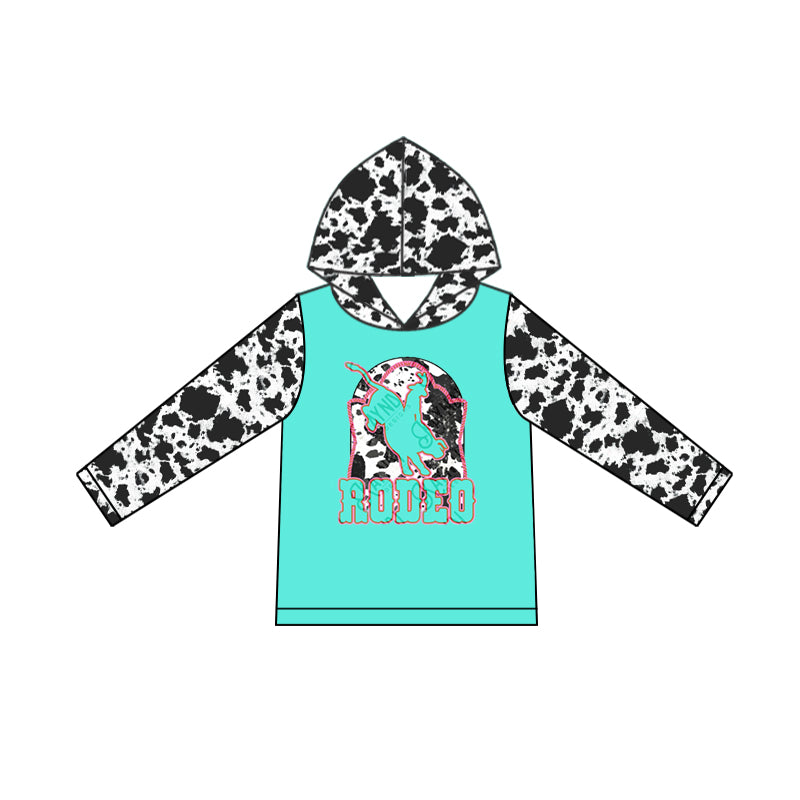 9.10 custom each style moq 5 eta 4-6week Sibling Sister baby girls clothes cow pattern teal hooded long sleeve top and long sleeve romper match family design