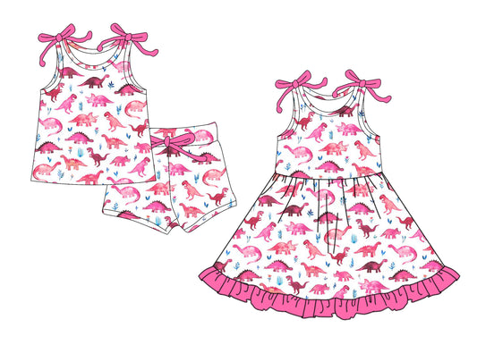 25.5.24 custom each style moq 5eta 4-6week Sibling Sister dinosaur baby girl short sleeve shorts sets and dresses match design