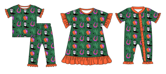 4.28 custom each style moq 5eta 4-6week Sibling Sisters boot pumpkin catcus baby girl short sleeve pants sets and dress and rompers match family design