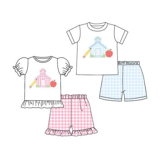 4.9 Custom moq 5 mix size Sibling Baby Boy And Girl White Short-Sleeved Top Checked Short Clothes Back To School Set